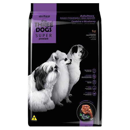 Ração Three Dogs Super Premium Para Cães Adultos Raças Pequenas e Mini Indoor Cordeiro e Blueberry