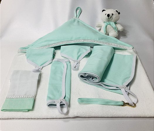Kit Baby Premium - 7 peças 100% Algodão -Com toalha de banho, fralda, manta e prendedor de bolsa.