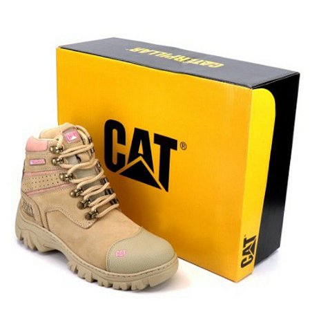 Bota Coturno Botina Caterpillar 100% Couro Promoção Cat Nude com Rosa Feminino