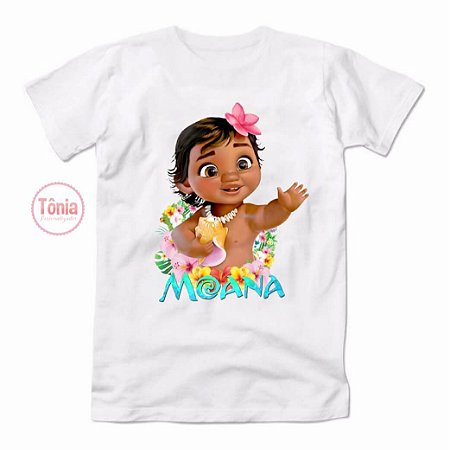 Camiseta Infantil com Estampa da Moana e Porquinho - Tam 4 a 10 Anos Branco  Neve