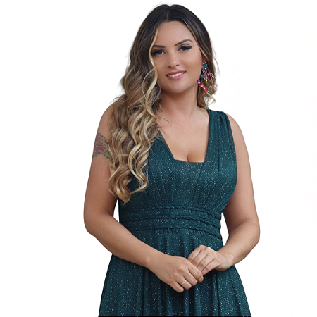 Vestido de Festa Longo em lurex com fenda, fluído e rodado