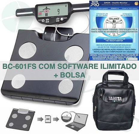 TANITA OFICIAL - Balança Tanita BC 601 ou 603 FS com Software Ilimitado Tanita Pro Gmon Health Brasil e bolsa