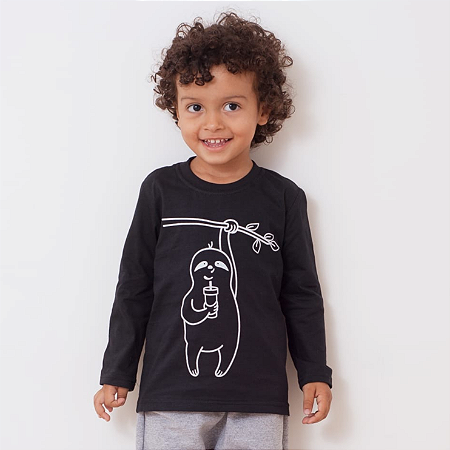 Camiseta Manga Longa Bicho Preguiça Preta