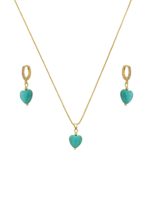 Conjunto Coração com Pedra Natural Turquesa Ouro