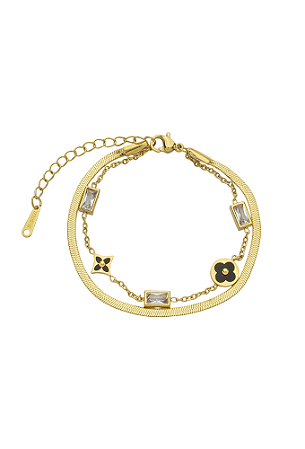 Pulseira Dupla Inspiração Aço Inox Dourado Ônix