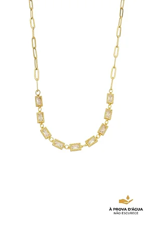 Colar com Elos e Pedras Baguete Aço Dourado