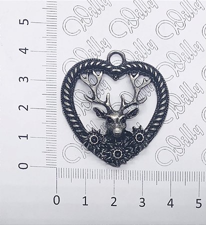 PINGENTE METAL CORAÇÃO ALCE  ALTO RELEVO PRATA  VELHO