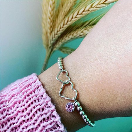 Pulseira Regulavel Corações e Ponto de Luz Rose