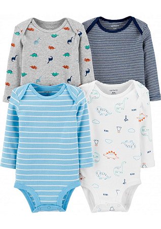 Kit com 4 Bodies Carter's Manga Longa - Dinossauro
