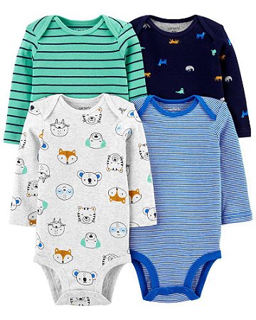 Kit com 4 Bodies Carter's Manga Longa - Bichos