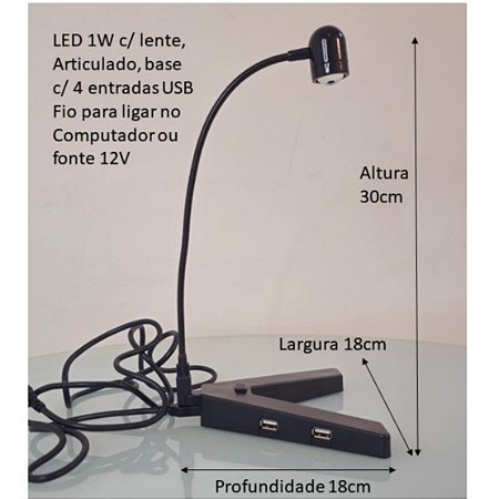 Luminaria De Mesa Computador Abajur Articulada Metal Preto Com Led E Base Com 4 Entradas Usb Hipnos