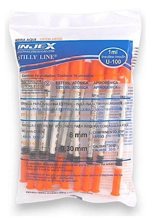 Pacote de Seringa Insulina Injex Agulha Fixa 8x0,30mm (Pacote com 10)