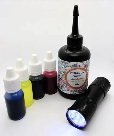 Kit Resina Suncristal 100g + 7 Corantes + Lanterna UV - Faça Lindas Peças em Minutos