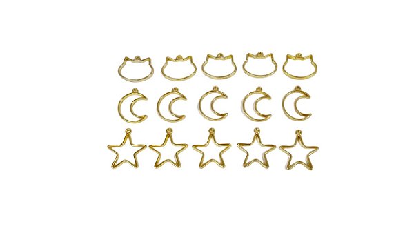 Kit 10 Molduras Douradas Para Pingentes - Estrela, Gato E Lua