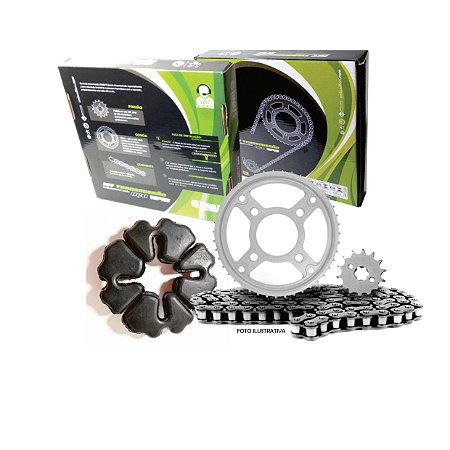 KIT RELAÇÃO TITAN 150 04-08/FAN 150 09-17 428H x 118L 43T/16T 1045 EMBUS + KIT BUCHA DA COROA TITAN 150 JOGO COM 4 PÇS EM BORRACHA (R6 MOTOS)