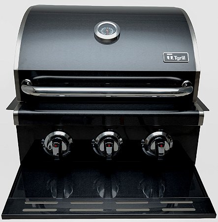 Churrasqueira a gás em black inox 304 embutir ou bancada 3 queimadores modelo T300