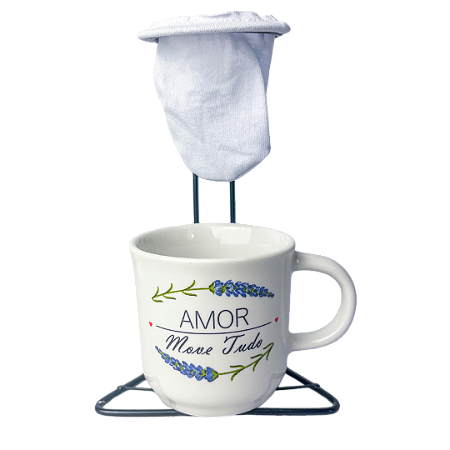 Kit xícara mais coador Amor Move Tudo em porcelana 200ml