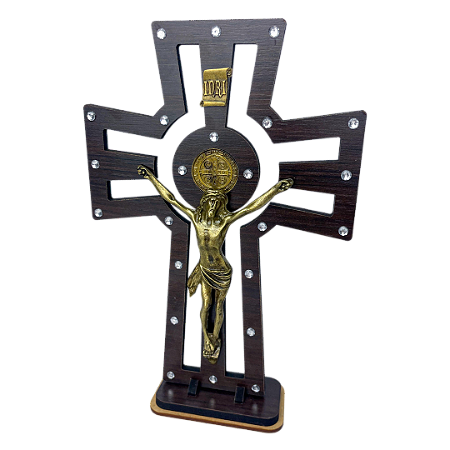 Crucifixo de mesa ou parede em MDF com imagem de Jesus e pedrarias decorativas – 28 cm