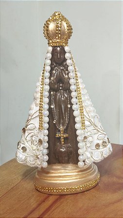 Imagem de Nossa Senhora Aparecida branca com dourado em gesso - 24 cm