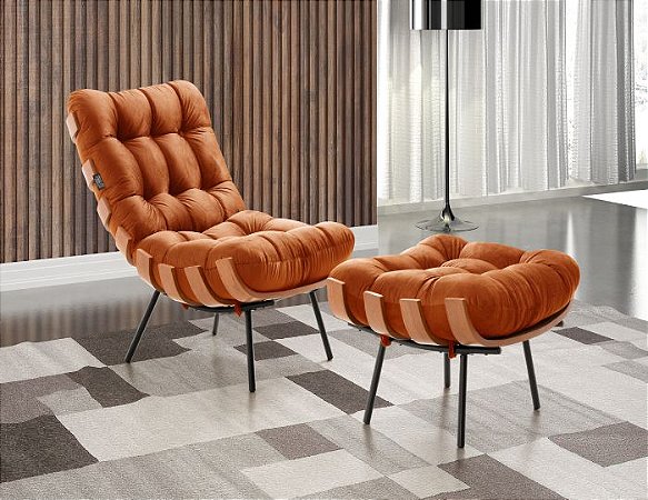 Poltrona Costela com Puff Coral Vivaro Decor Suede Terracota