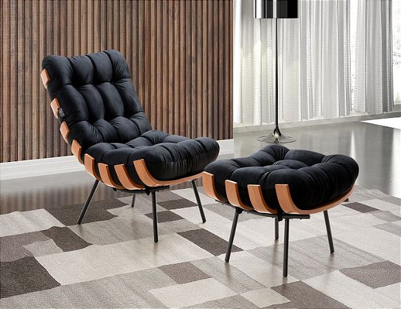 Poltrona Costela com Puff Coral Vivaro Decor Suede Preto