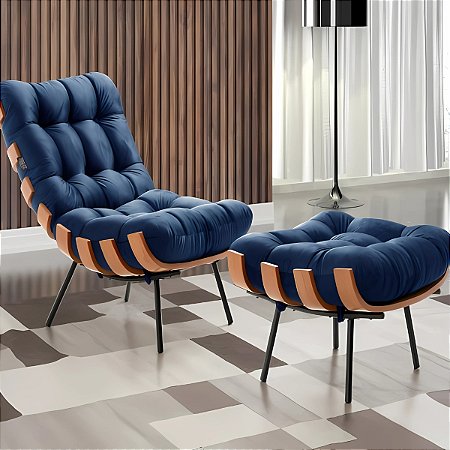 Poltrona Costela com Puff Coral Vivaro Decor Suede Azul