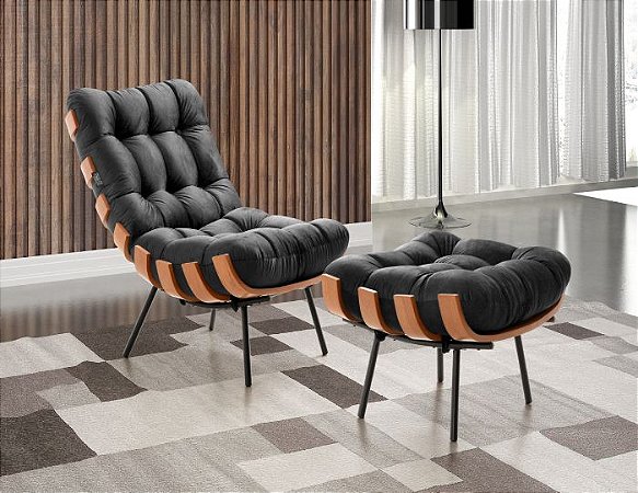 Poltrona Costela com Puff Coral Vivaro Decor Suede Cinza