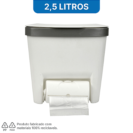 Lixeira Plástica 2,5 Litros na cor branca com suporte dispensador + 4 Rolos Refil P c/ 30 saquinhos