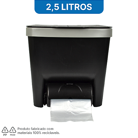 Lixeira Plástica 2,5 Litros na cor preta com suporte dispensador + 4 Rolos Refil P c/ 30 saquinhos