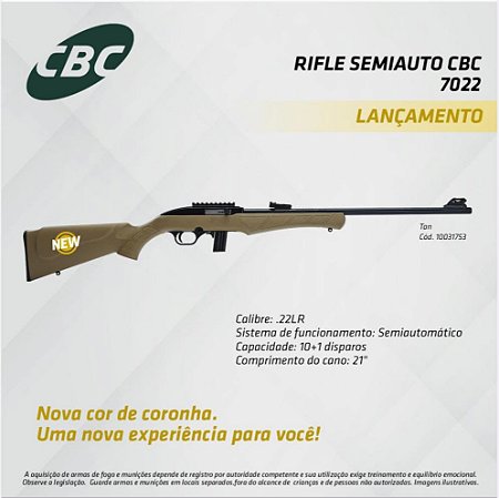 RIFLE CBC SEMIAUTOMÁTICO 7022 CALIBRE .22 LR CANO 21″ CORONHA POLÍMERO TAN