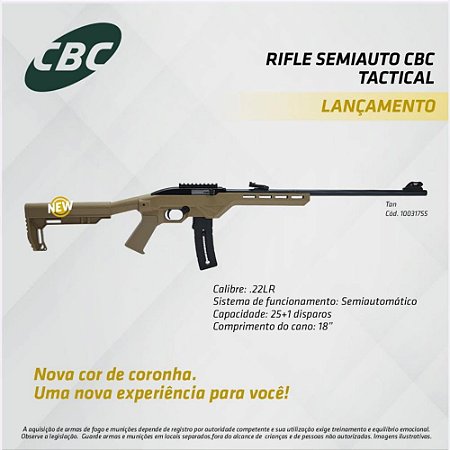 RIFLE CBC .22LR SEMIAUTOMÁTICO TACTICAL – CORONHA TÁTICA EM POLÍMERO TAN