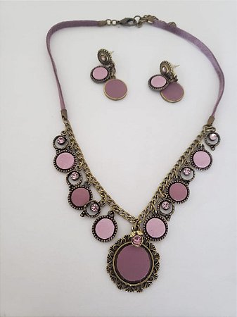 Conjunto Colar e Brinco Curto -Cor Lilas