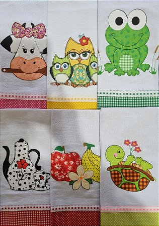 Pano de Prato com barrado, aplique e bordado feito em tecido 100% algodão