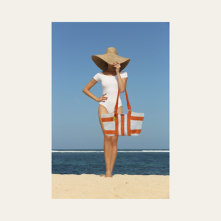 Bolsa Santos- Bolsa de Praia-modelo Grande- bolsa fio de malha - Laranja e Branco