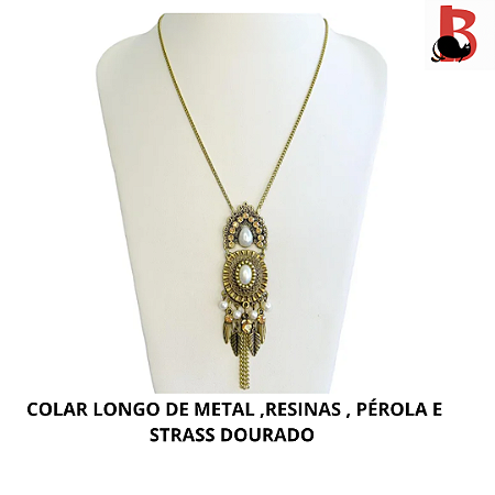 COLAR LONGO DE METAL , RESINAS , STRASS , PÉROLA