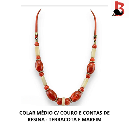 COLAR MÉDIO COM COURO E CONTAS DE RESINA - TERRACOTA E MARFIM