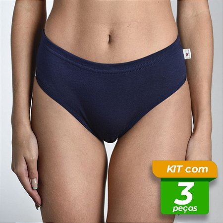Calcinha em Cotton Conforto Cintura Embutida Lisa Kit com 3 Peças