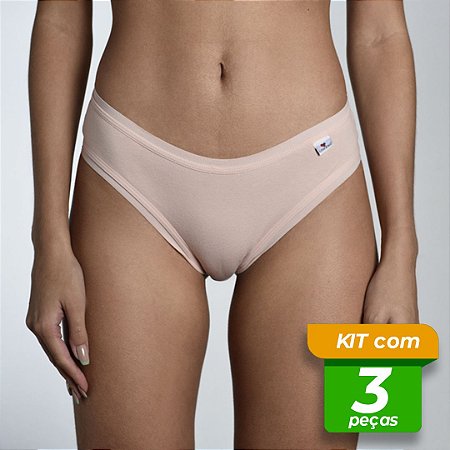Calcinha em Cotton Conforto Viés Aberto Lisa Kit com 3 Peças