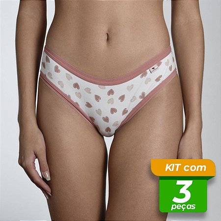 Calcinha em Cotton Conforto Viés Aberto Estampada Kit com 3 Peças