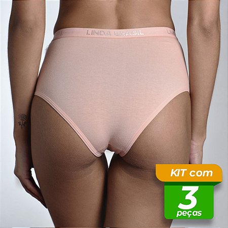 Calcinha em Cotton Conforto Cintura Alta Acetinada Lisa Kit com 3 Peças