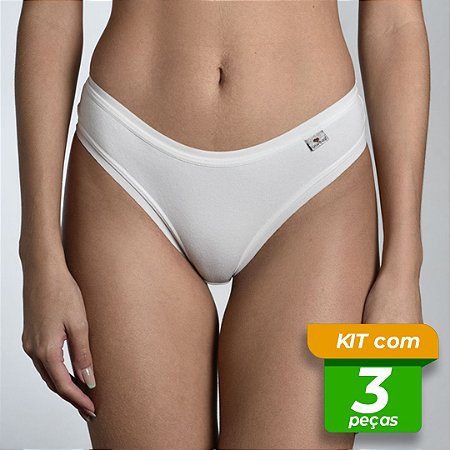 Calcinha em Cotton Fio Dental Viés Aberto Lisa Kit com 3 Peças