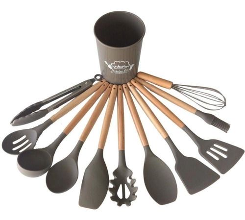 Kit 12 Utensílios Cozinha Silicone Maciço Com Cabo Madeira