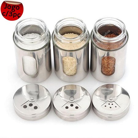 3 Saleiro E Pimenteiro Aço Inox Condimentos De Vidro Gourmet