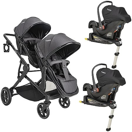 Carrinho Para Gêmeos + 2 Bebe Conforto + 2 Base Isofix Pair Melange Grafite - Kiddo