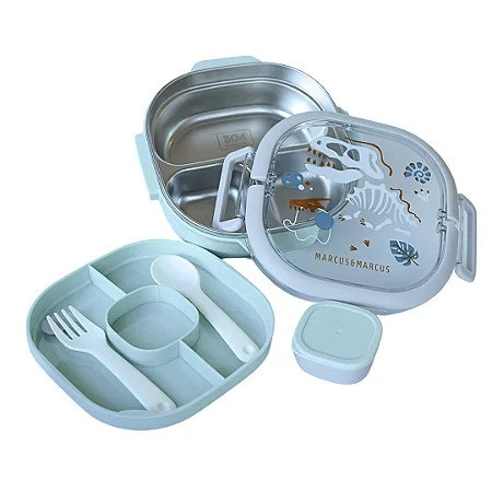 Lancheira Bento Box com 6 Divisórias e Alça Dinossauro Verde Marcus & Marcus