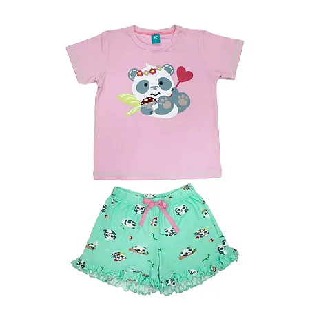 Pijama Infantil Manga Curta Rosa/Verde Panda Peeble Marckids