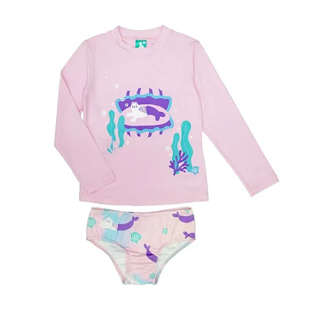Conjunto Camiseta UV + Calcinha Gatinha Sereia Rosa Marckids