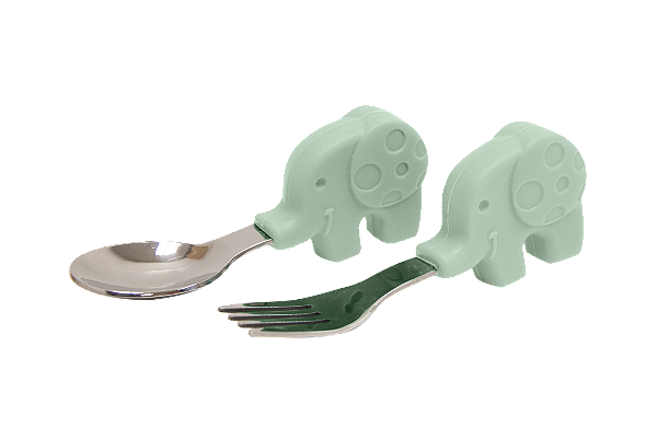 Colher e Garfo Infantil Verde Menta com Case - Marcus & Marcus