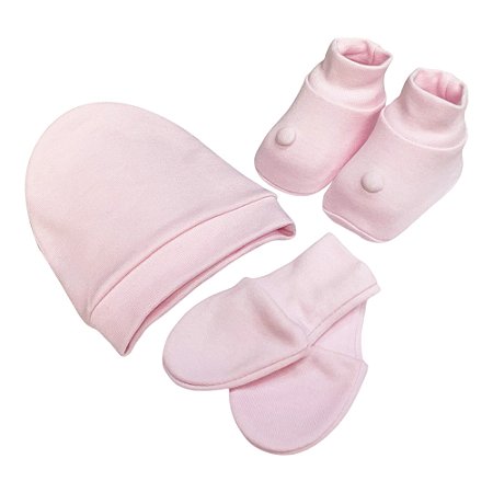 Kit Touca, Luva e Sapatinho RN Laço Bebê Bamboo - Rosa Bebê