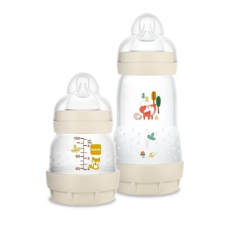 Kit Mamadeira MAM First Bottle Anti-Cólica e Auto-Esterilizáveis 130ml + 260ml Bege Neutral